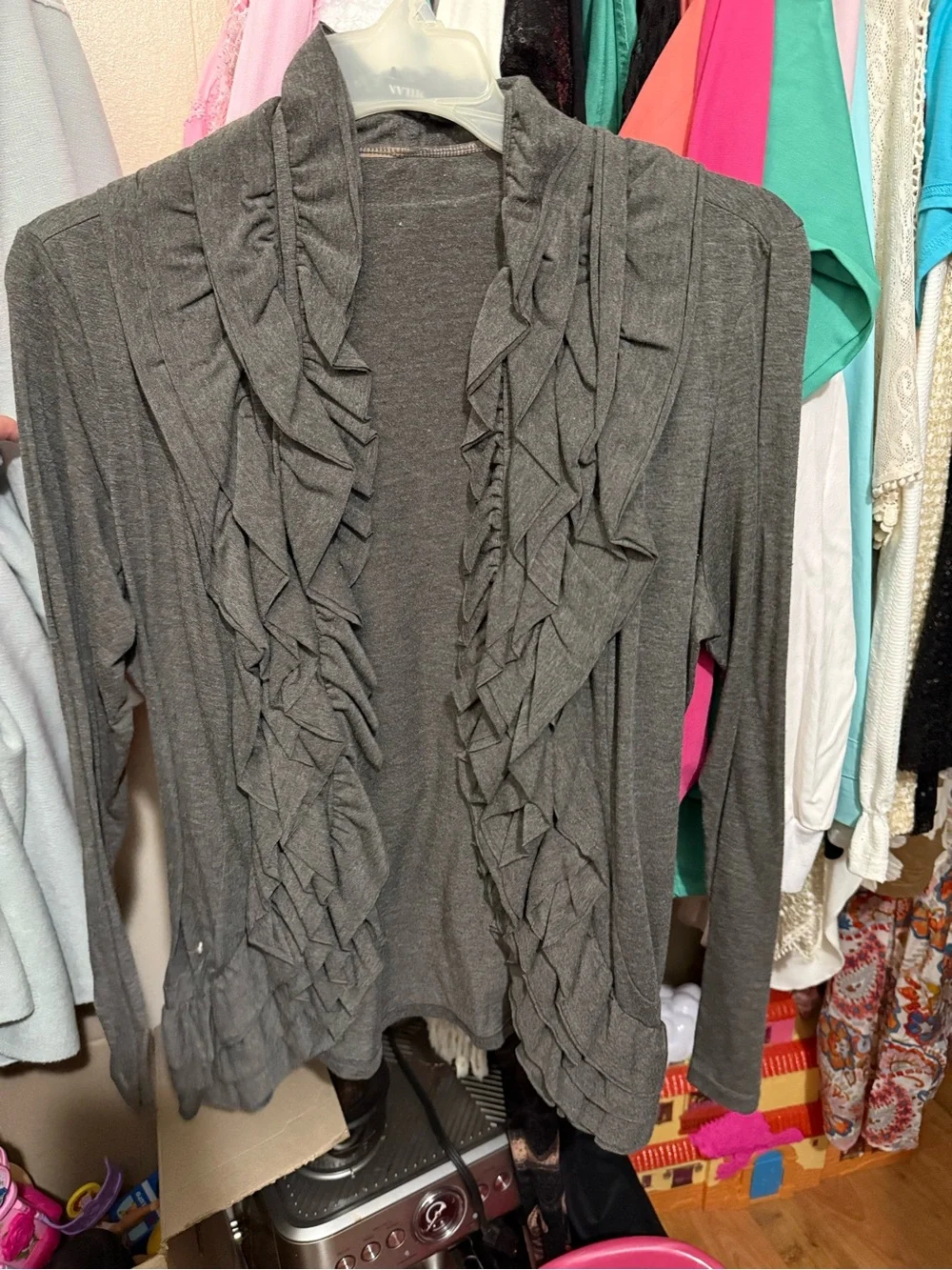 Gray Ruffle Open-Front Women's Sweater